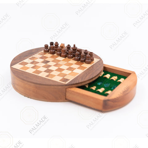 Round Olive-Wood Chess with Drawer
