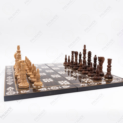 Olive-Wood Chess Set with Dark-Brown Floral Floor