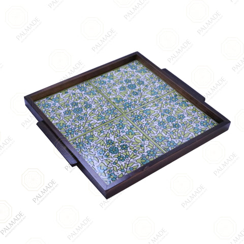 Green Floral Wooden Ceramic Tray